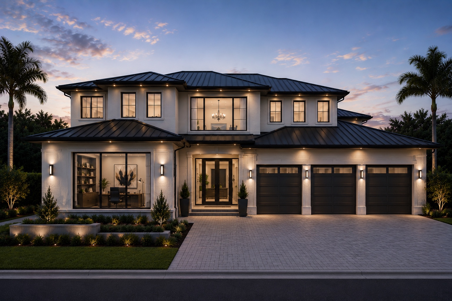 Residence No. 06 — front exterior at dusk